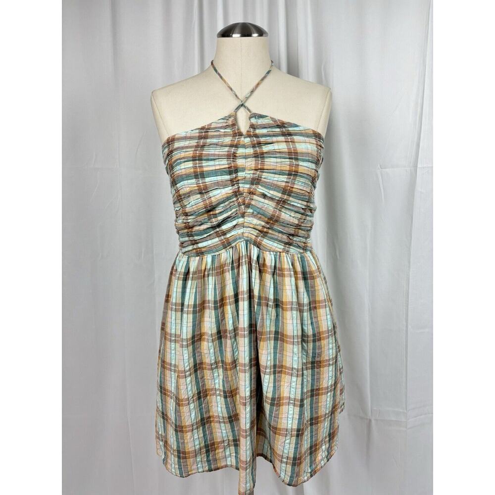 American Eagle Women's Runched Front Multicolor Plaid Cotton Halter Dress Size M